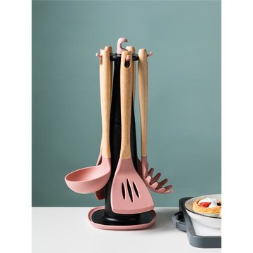 廚房硅膠鍋鏟子炒菜家用勺子湯勺耐高溫不粘木柄把輔食廚具單個