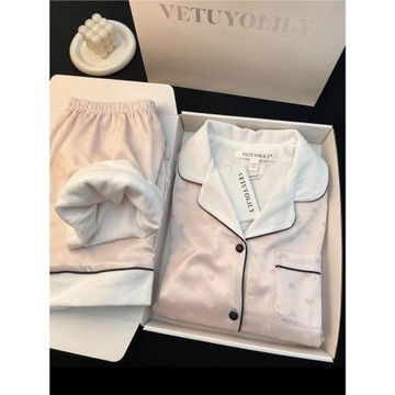 高檔冬季加絨睡衣女保暖銀狐絨珠光絲綢愛心長袖長褲家居服禮盒裝