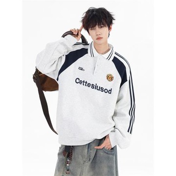 美式撞色學院風polo衛衣男潮牌秋季寬松復古百搭休閑運動翻領上衣