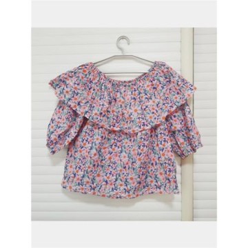 出口歐美外貿原單女夏季甜美紫色碎花七分袖純棉襯衫露肩娃娃上衣