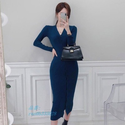 ロング ニットワンピース タイト Vネック 秋冬 ロングワンピース 長袖 ニット ワンピース 前開き 代 ブルー タイトワンピース ミモレ丈 通販 Lineポイント最大get Lineショッピング