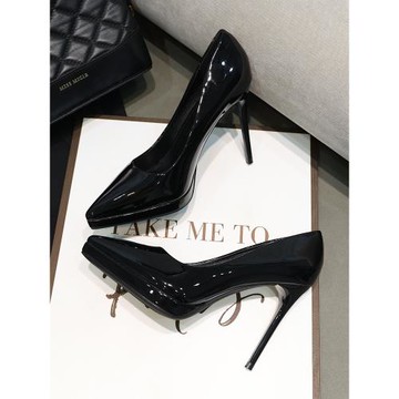 黑色漆皮防水臺高跟鞋女細跟2025春款不累腳尖頭輕奢職業單鞋女鞋