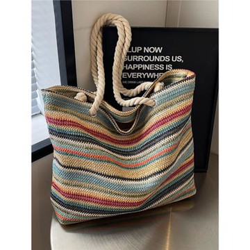 夏季小眾設計彩虹托特包包2025新款時尚女式大容量海邊編織單肩包