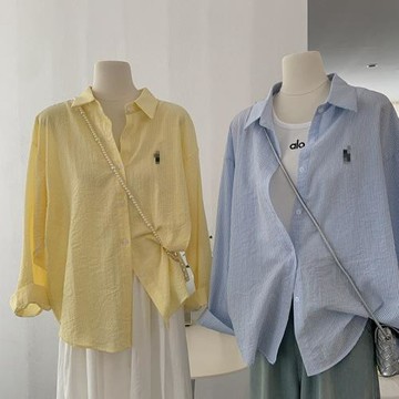 韓式簡約豎條紋長袖襯衫女春夏季薄款小馬刺繡寬松中長款氣質襯衣
