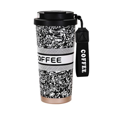 316不鏽鋼雙飲晶瓷咖啡隨行杯 帶茶倉款 18.5 x 9.2cm  黑鈴蘭紋  500ml  1個