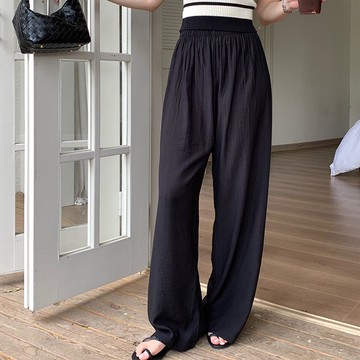 KPUWARM - 高腰修身涼感微皺紋理寬褲-黑色