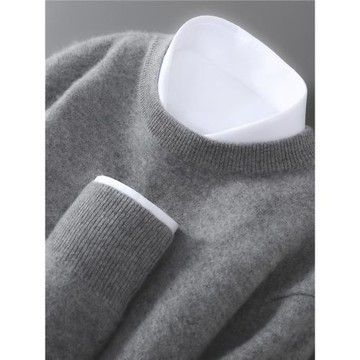 新款圓領100%純羊毛衫男套頭打底毛衣秋冬休閑寬松長袖針織羊絨衫