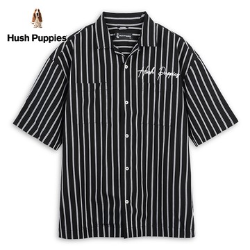 Hush Puppies 襯衫 男裝簡約直條紋草寫品牌文字刺繡古巴領寬版襯衫