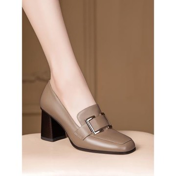 粗跟單鞋女方頭高跟鞋女春季新款女鞋百搭軟皮一腳蹬樂福鞋女皮鞋