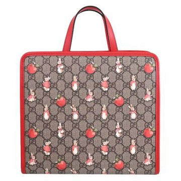 GUCCI Peter Rabbit聯名系列印花皮革手提托特包(駝/紅邊)