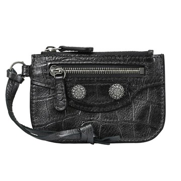 BALENCIAGA 巴黎世家 776769 鱷魚紋水鑽鉚釘零錢包.銀黑