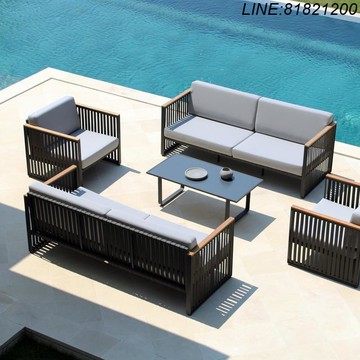 免運 快速發貨泳池沙灘海邊休閑戶外家具室外庭院露臺防曬防水柚木扶手沙發組合 支持訂製 廠家優勢