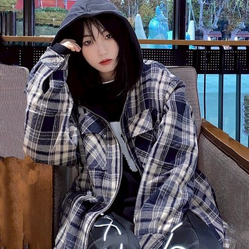復古高街格子毛呢連帽外套2022春季新款韓版寬松百搭嘻哈夾克上衣