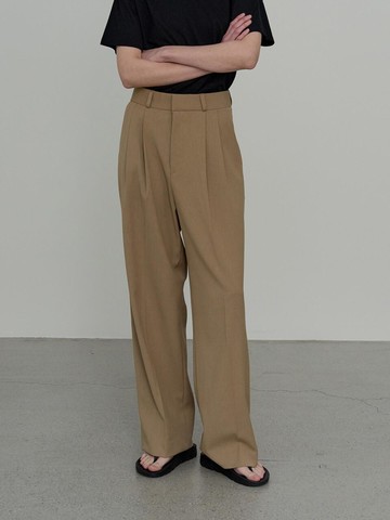Wool Blend Two Tuck Loose Fit Slacks [Beige]