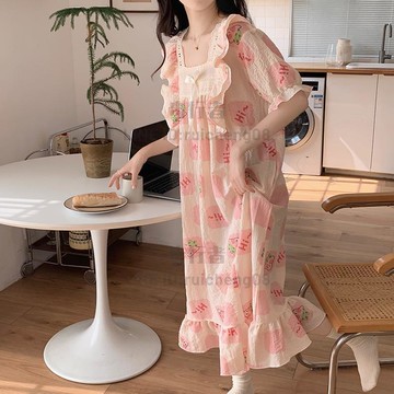 夏季短袖薄款睡衣女泡泡皺布公主風長款睡裙女連衣裙家居服女【步行者戶外生活館】