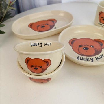 王路飛の幸運熊韓式ins復古奶油風陶瓷餐具飯碗深盤水杯魚盤