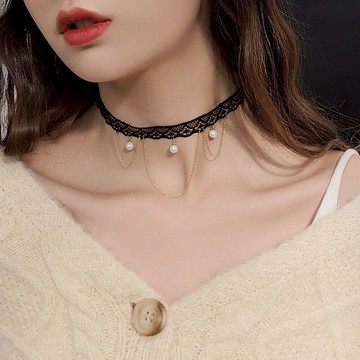 蕾絲項圈頸帶短款鎖骨鏈女網紅簡約脖子飾品珍珠頸鏈項鏈choker1入
