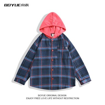 BOYUE帛躍連帽格子襯衫早秋美式復古休閑藍色帥氣情侶ins男女外套