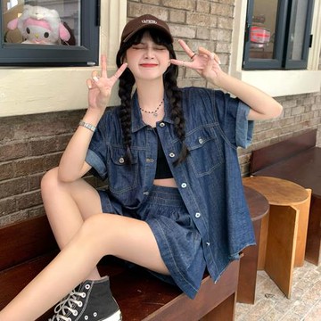 POLO領翻領短袖牛仔襯衫松緊高腰闊腿短褲兩件套小個子套裝學生潮