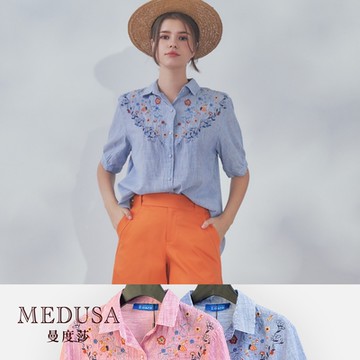 現貨【MEDUSA 曼度莎】I Care 繡花民族風長版襯衫 - 2色（F）｜女上衣 長版上衣 短袖上衣