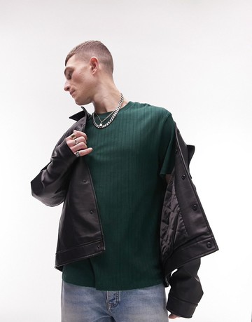 Topman oversized textured stripe t-shirt in dark green