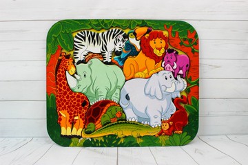 木製拼圖-非洲叢林動畫、蒙台梭利幼兒玩具、拼圖板