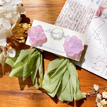 繡球花系列 粉紅迷蹤 草綠緞帶流蘇 2way 925純銀針耳環/無痛耳夾