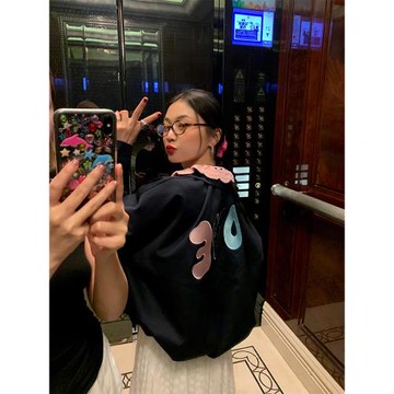 落落狷介 初秋外套女2025藏青色寬松小個子寬松短外套印花設計感