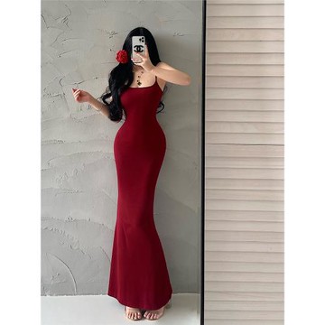YoungGirlDay純欲性感修身顯瘦可調節肩帶包臀魚尾吊帶連衣裙長裙
