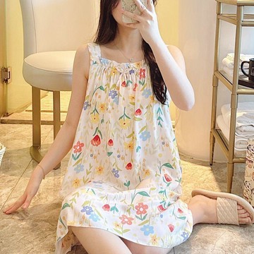 DUYI~夢詩 睡裙女人造棉印花吊帶夏季新款棉綢中裙家居服可外穿綿綢裙連衣裙
