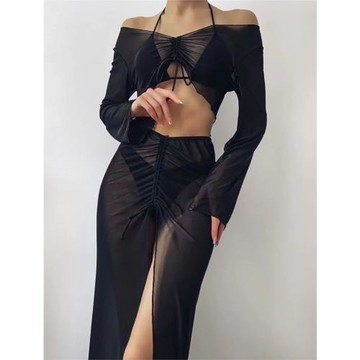 網紗罩衫V領大胸分體泳衣沙灘裙bikini帶胸墊泳裝溫泉性感比基尼