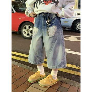 期望Studio復古水洗破洞七分褲女美式寬松休閑水洗牛仔短褲男潮