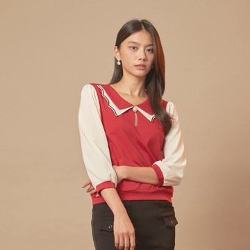★【喜芝梅】紅莓𠵧暈 雙層撞色波浪領長袖上衣(紅色；M-2L) 225352901