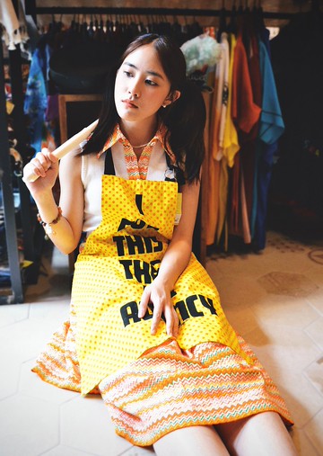 古著日本橘色系幾何條紋透明排扣洋裝