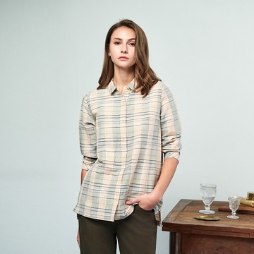 棉麻草木染格紋長袖襯衫