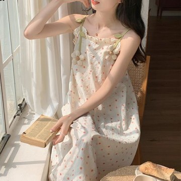 夏季睡衣女純棉甜美田園風可愛吊帶連衣睡裙韓系性感純欲風家居服