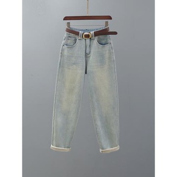 加絨加厚復古淺藍色高腰牛仔褲女2025秋冬新款寬松休閑哈倫蘿卜褲