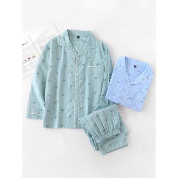 精梳純棉紗睡衣男士春夏季季長袖男全棉薄款大碼可外穿家居服套裝