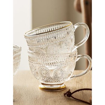 北歐復古浮雕玻璃杯太陽花水杯家用 ins風高顏值牛奶早餐燕麥杯子