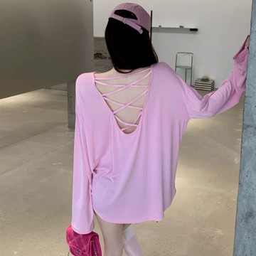 夏新款設計感小心機交叉露背t恤女寬松長袖防曬罩衫薄款上衣