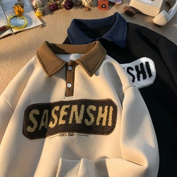 日係複古大學t M-3XL POLO領衛衣男 秋季ins 華棉 落肩 刺繡字母圖案 寬鬆 休閒男生 翻領大學T