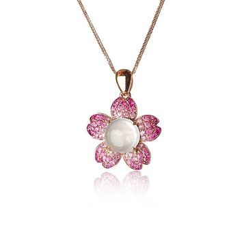 夢幻花園 - 18K玫瑰金白冰翡翠吊墜配紅寶石