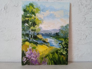 山水畫。原創藝術。風景牆藝術。白樺樹畫。油