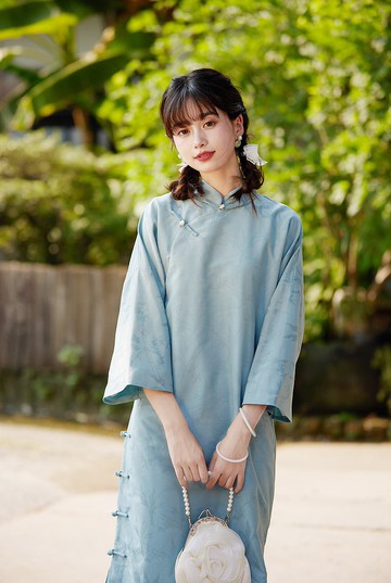 藍色 花瓣領倒大袖七分袖旗袍 新中式國風春節改良洋裝連身裙