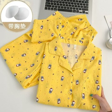 DUYI~夢詩 少女睡衣ins風春秋黃色卡通KT貓波點學生長袖褲家居服套裝可外穿