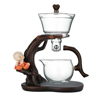 禾統 靜心玻璃自動磁吸泡茶組 小彌勒 強化玻璃 樹脂  茶壺 + 茶杯2個 + 公道杯 + 茶濾 + 底座  1個