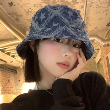 🔥臺灣出貨🔥毛邊星星牛仔漁夫帽女藍色小衆設計感盆帽大頭圍顯臉小水桶帽子潮
