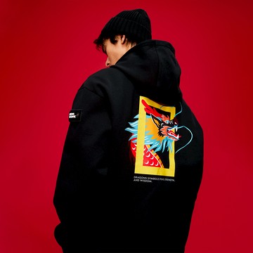 男女同款 龍年限定主題印花帽T - 炭黑色