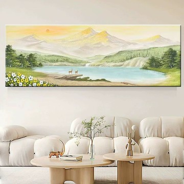 【含稅/免運】 手繪油畫旭日東升客廳裝飾畫床頭橫版掛畫山水風景臥室現代壁畫