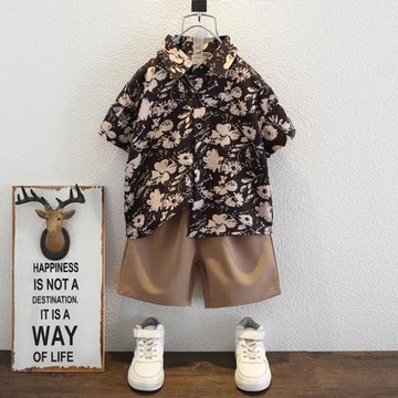 男童夏裝套裝洋氣兒童2024新款痞帥氣短袖花襯衫男孩夏季寶寶衣服